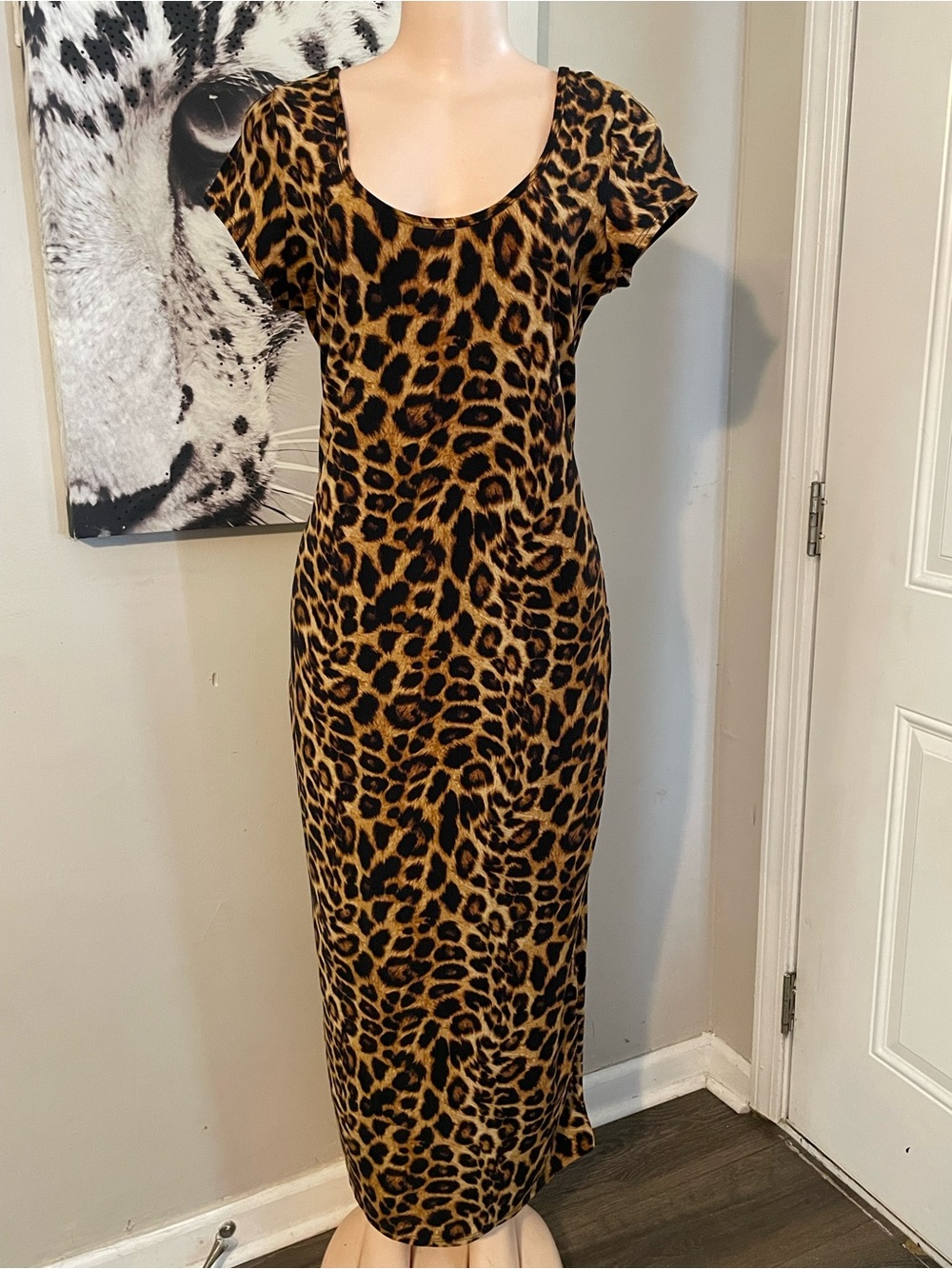 French atmosphere 90s Y2K Leopard Print Scoop Neck Maxi Dress Bodycon long XL